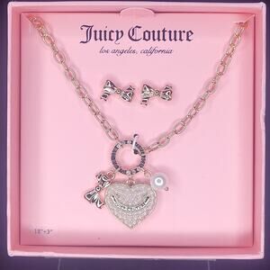 Juicy Couture Coquette Gold Bow Heart Pearl‎ Charms Necklace Earring Set NIB